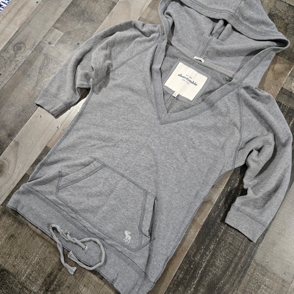 VTG Abercrombie & Fitch Women's L Gray V-Neck Hooded Sweatshirt Cinch Hem 2000s